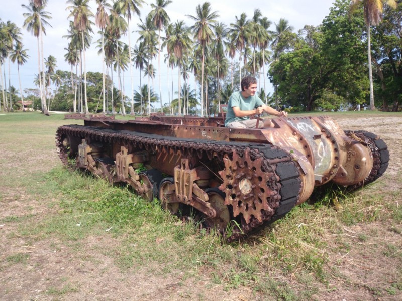 Driving a ruined American M4 Sherman tank